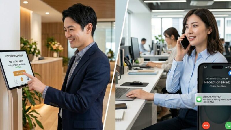 iPad受付システム　来訪者が担当者に直接通話も、SMS通知もできる