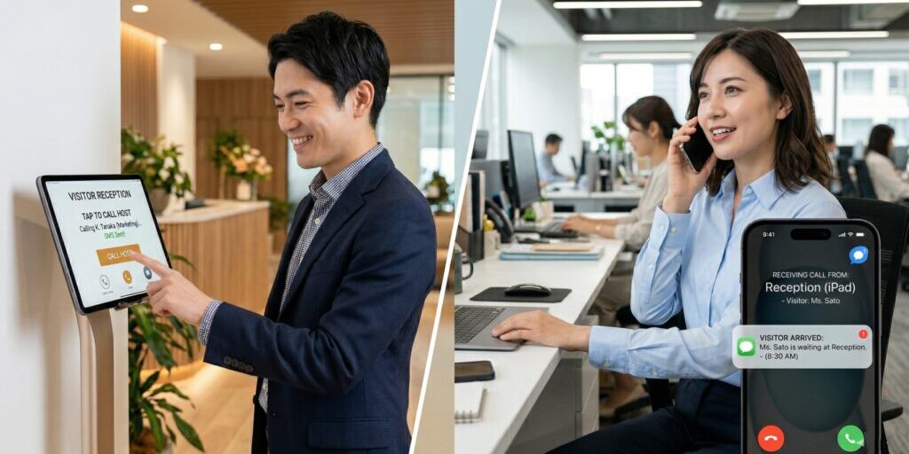 iPad受付システム　来訪者が担当者に直接通話も、SMS通知もできる